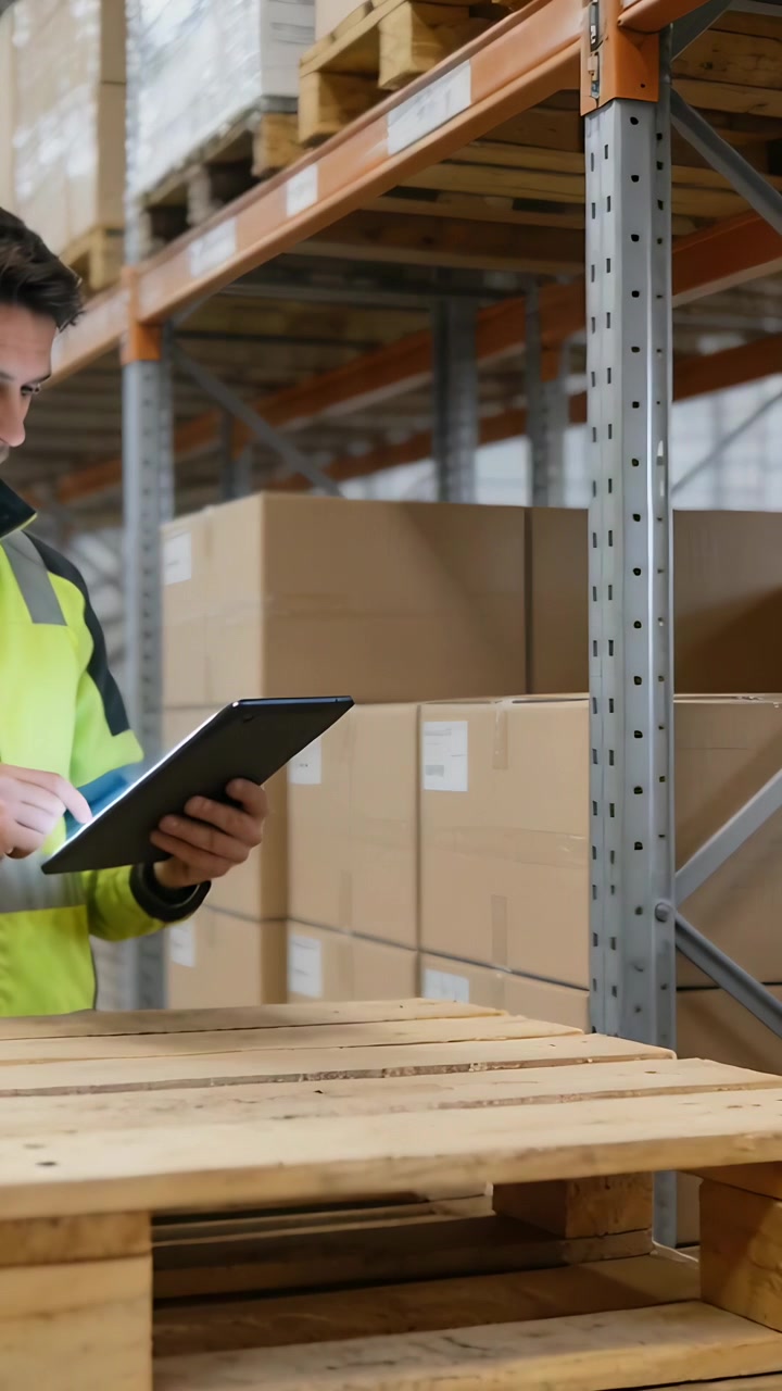 Video verticale: Toccando un tablet, un operaio in abbigliamento ad alta visibilità controlla le scorte in un corridoio di magazzino, spazio per il testo.