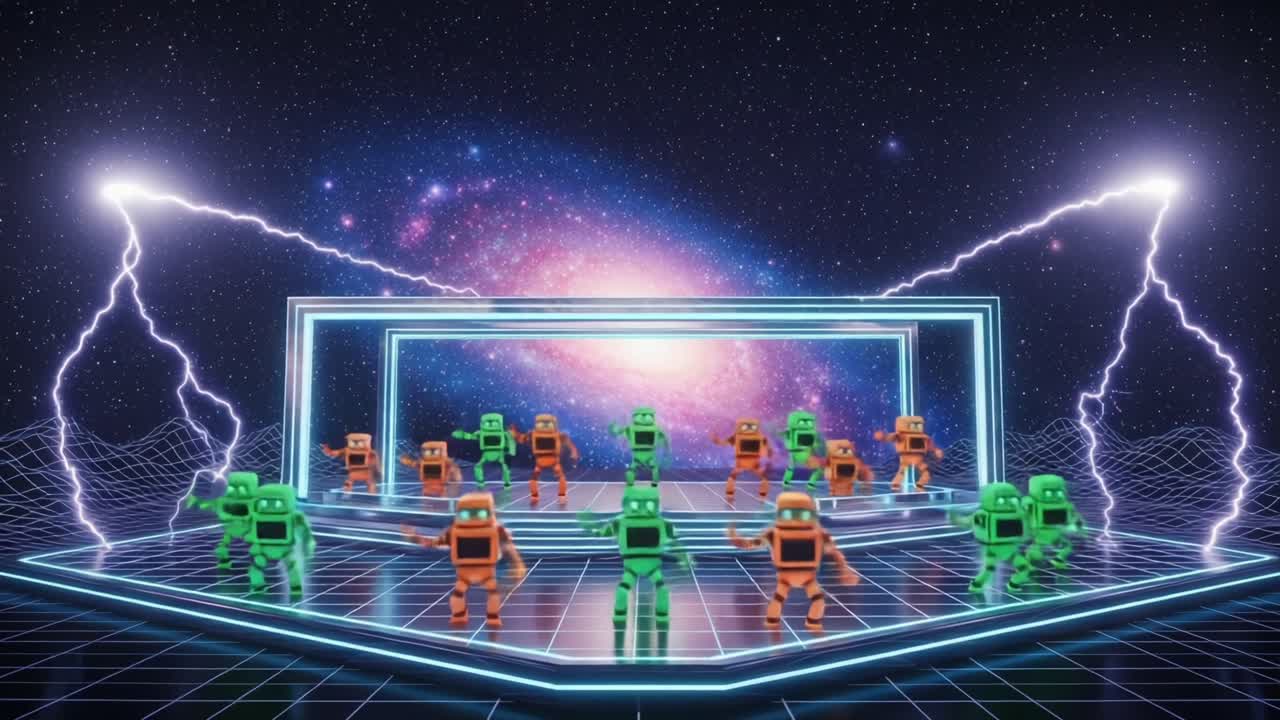A Spectacular Display of Colorful Robots Dancing Under Cosmic Lights in a Sci-Fi Universe, Featuring Electric Storms and Vibrant Galaxy Backdrop