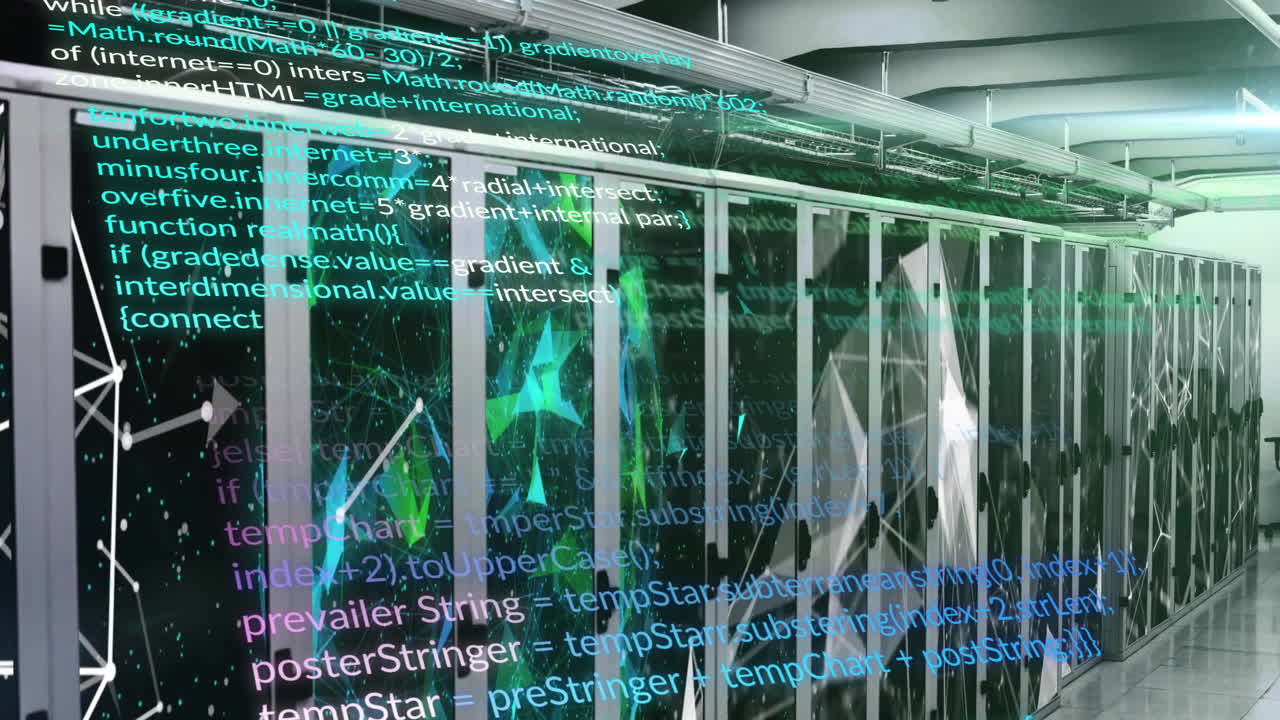 Animation of computer language, connected dots, globe over data server systems in server room