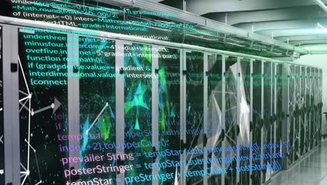 animation of computer language, connected dots, globe over data server systems in server room
