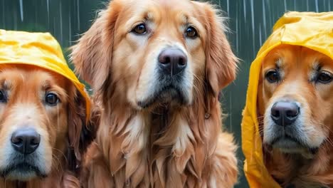 tres perros con impermeables amarillos en la lluvia