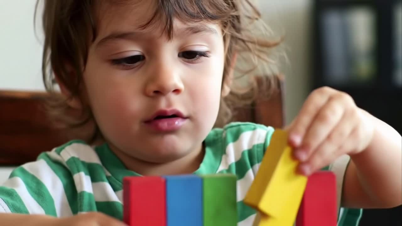 Adorable Toddler Boy Concentrating on Stacking Colorful Wooden Blocks
