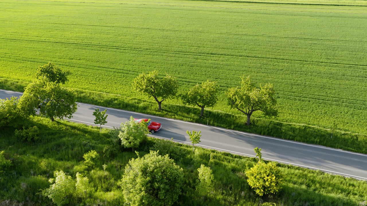 Aerial view tracking a old muscle car between lush green, countryside fields
