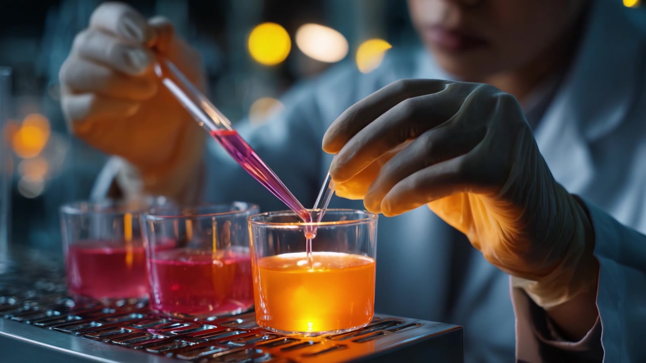 Scienziato che conduce un esperimento di laboratorio con soluzioni colorate in becher usando una pipetta sotto luce fioca per analisi chimiche e ricerca.