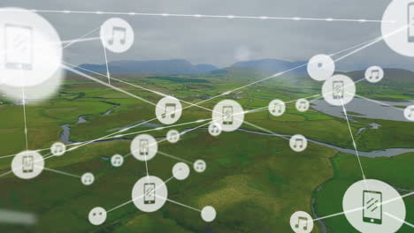 animation of network of connections with icons over landscape