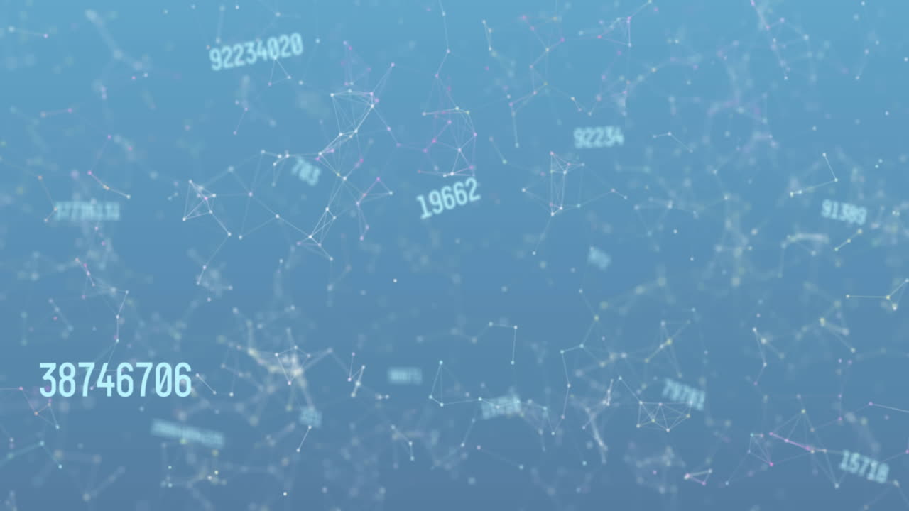 Animation of numbers changing over white networks of connections on blue background