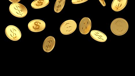 3d animation of a lot of falling gold dollar coins on a black. 4k resolution.