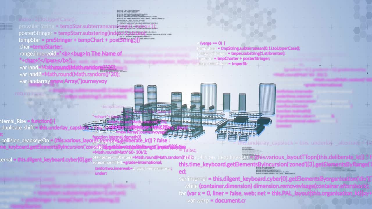 Outline shapes rising into 3D modules under pink code scrolling, merging into single chip module