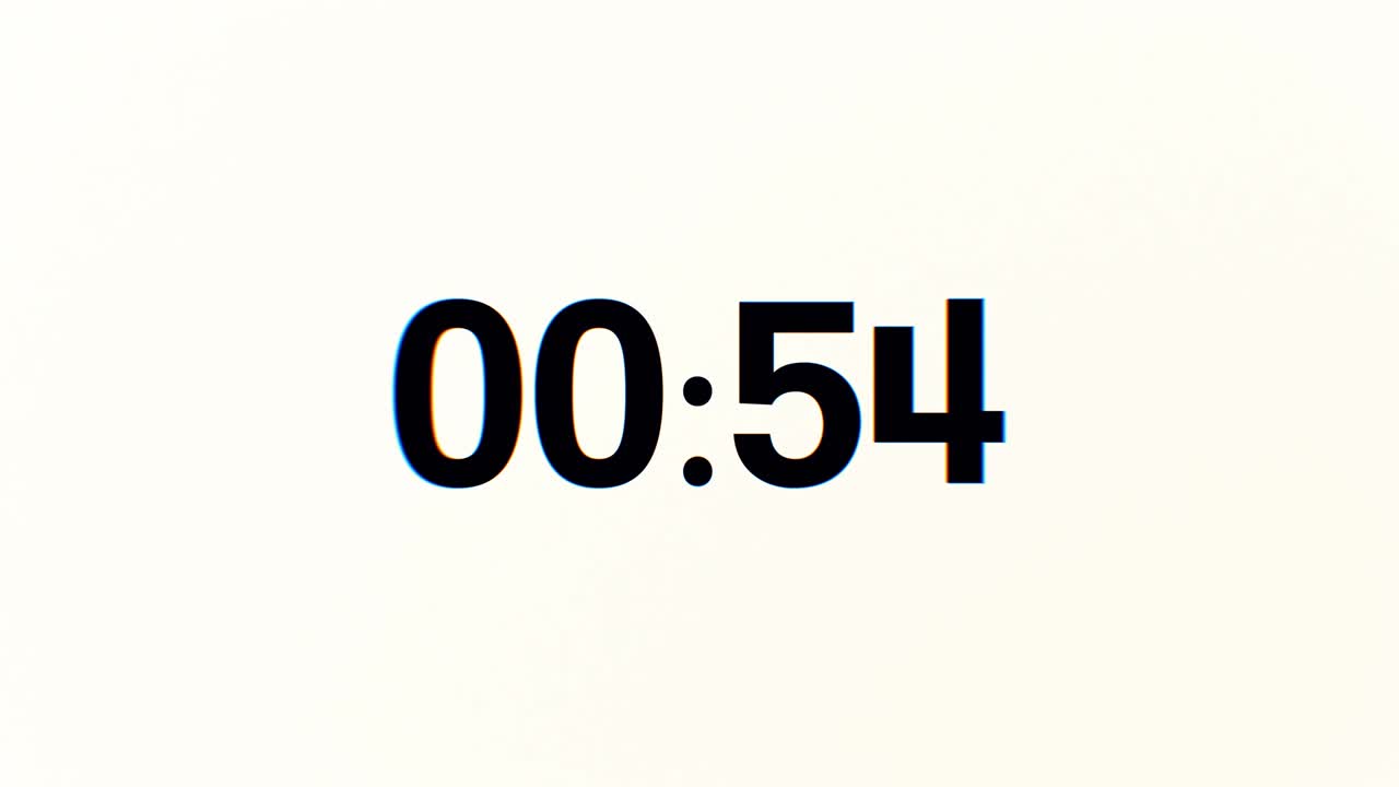60 segundos de interferencia de glitch cuenta atrás de números. 1 minuto de cuenta atrás. 30 o 10 segundos. dígitos negros sobre un fondo blanco