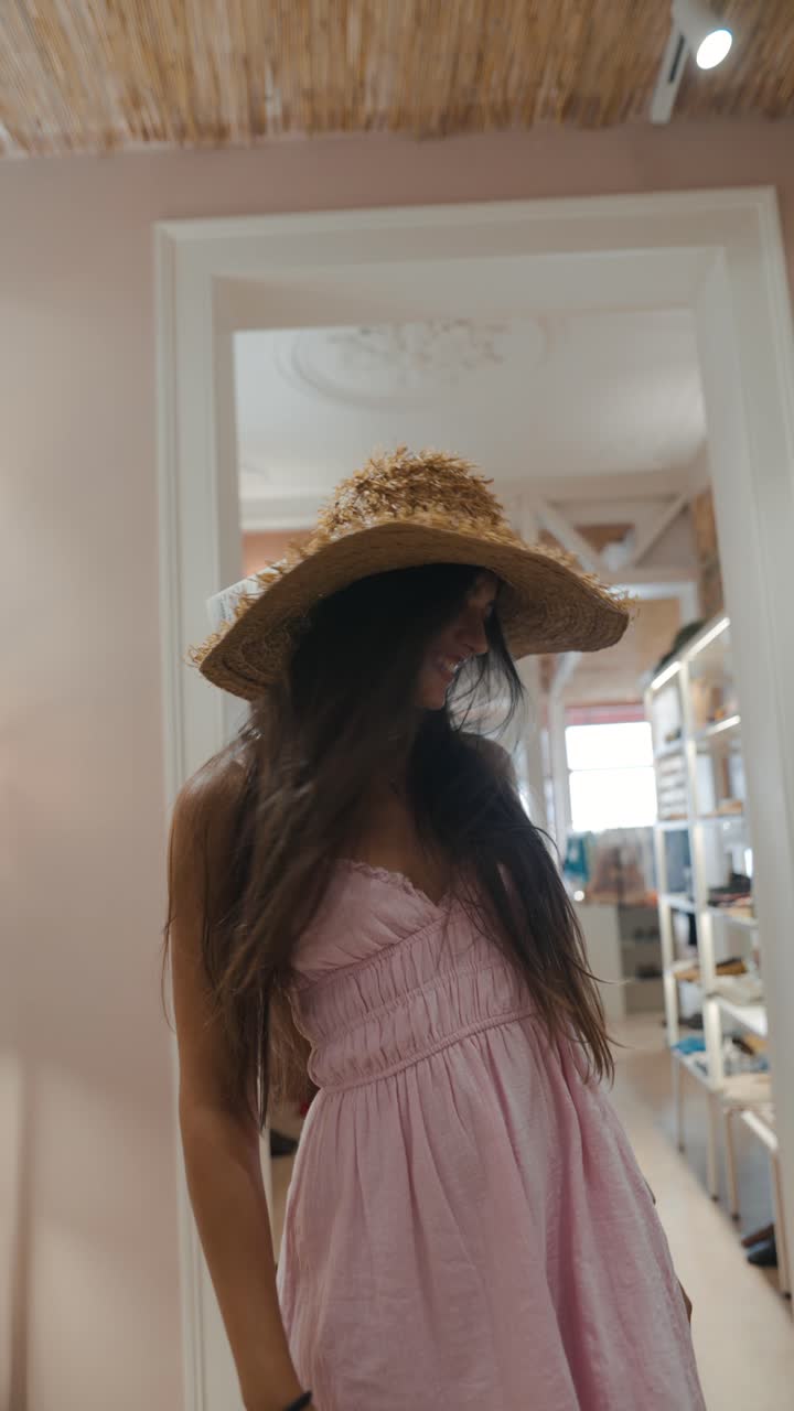 Woman in pink dress and straw hat