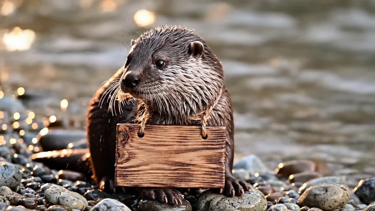 Video ravvicinato di una lontra con un cartello di legno, ripreso all'altezza degli occhi, vicino a una riva del fiume