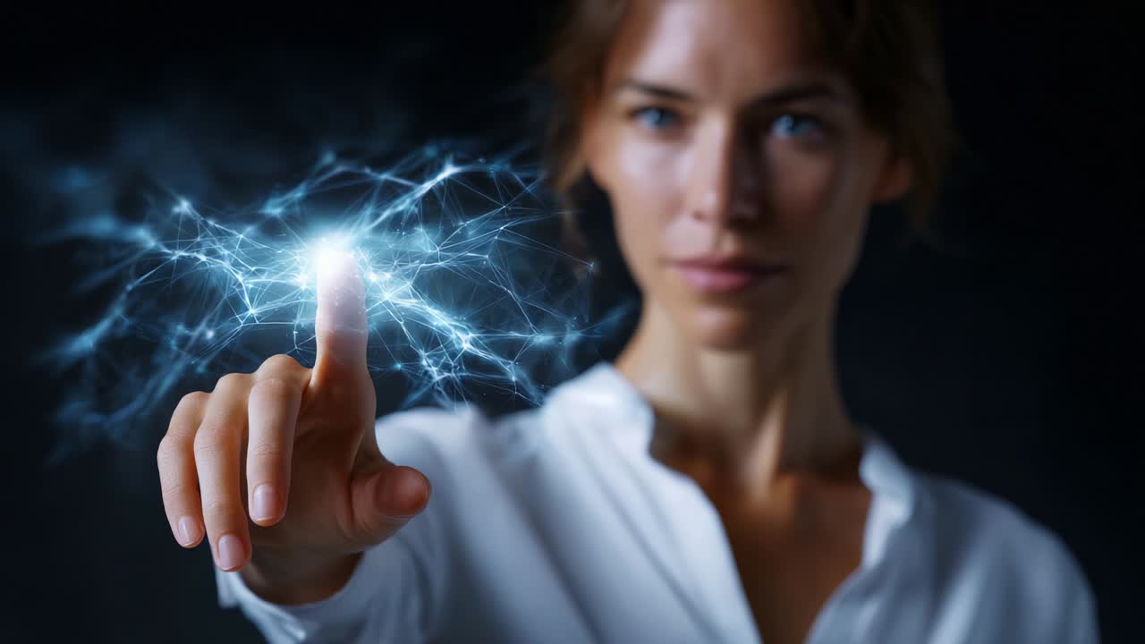 A woman with a confident expression uses her finger to control and manipulate energy in an electrifying manner, showcasing the interplay between technology and digital artistry in a dark backdrop