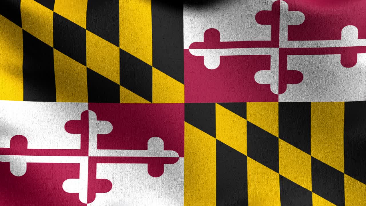 bucle sin costura 4k vdo. bandera del estado de maryland en los estados unidos de américa, estados unidos, soplando en el viento aislado. diseño abstracto patriótico oficial. ilustración de renderización 3d del símbolo de señal ondulante.
