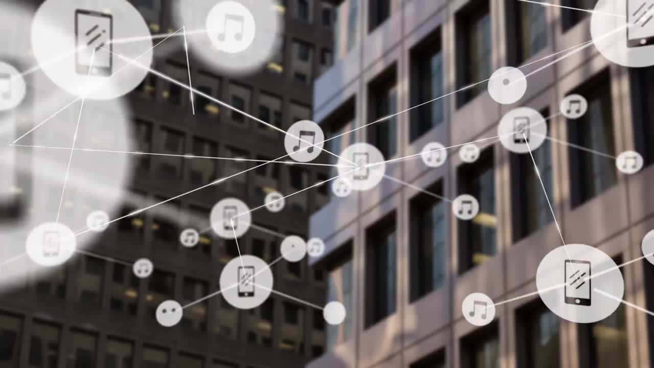 고층 건물의 공중 전망에 대한 디지털 아이콘 네트워크의 애니메이션