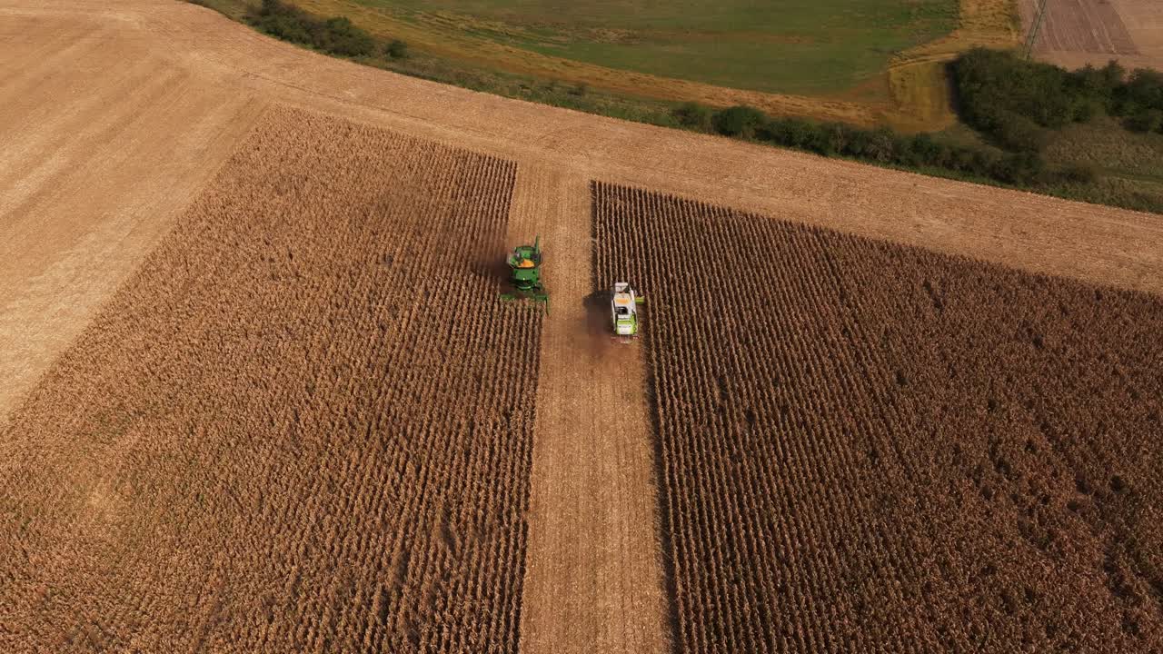 Trattore della Repubblica Ceca e mietitura del grano nei campi di Steti, ripresa aerea