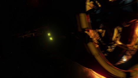 la nave espacial 4k vuela hacia la cámara, cerca del sol.