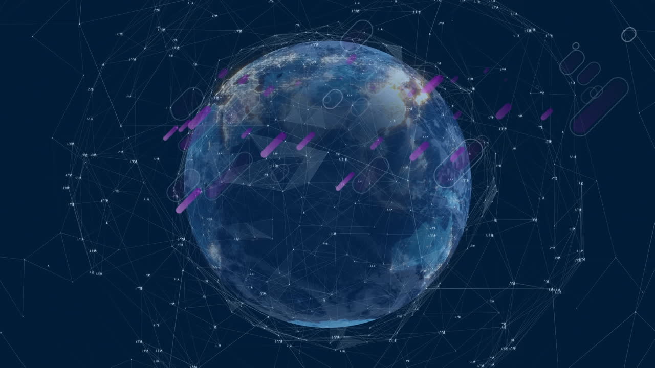 지구와 연결 네트워크 위에 떨어지는 분홍색 모양의 애니메이션