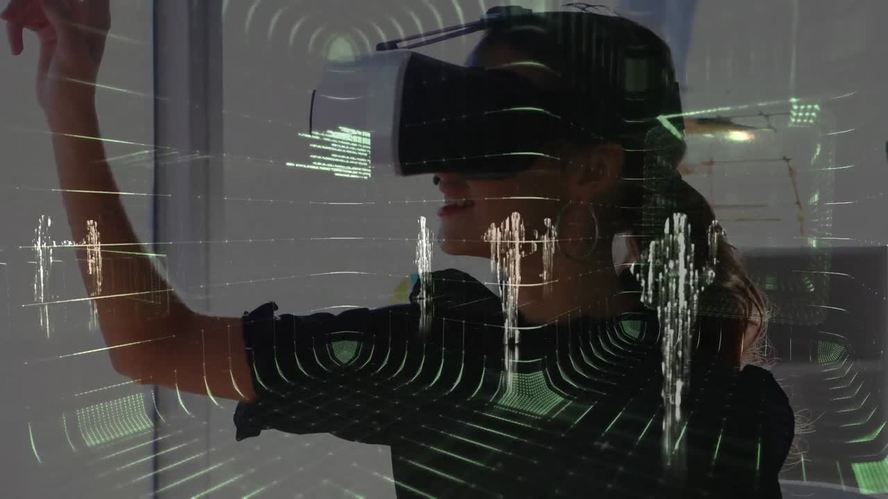 Animace zpracování finančních dat přes obchodnici používající VR headset