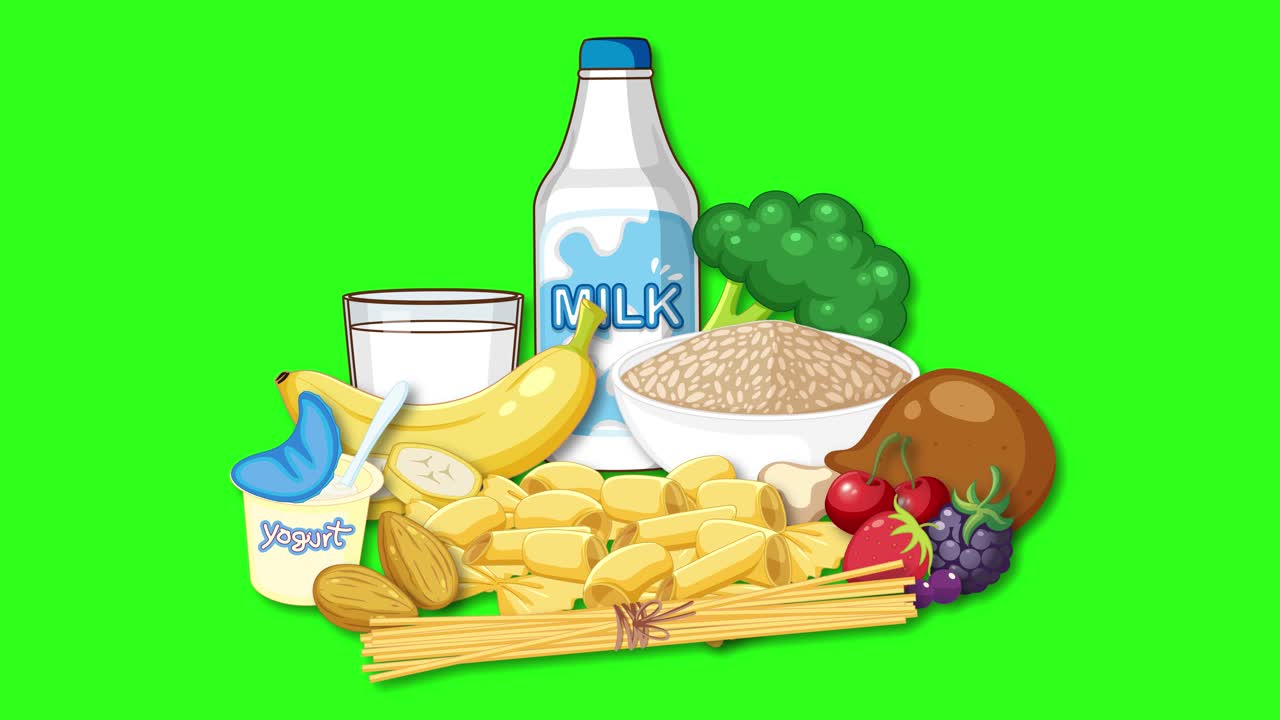 Various food group items appear and arrange themselves on a vibrant green chroma key background