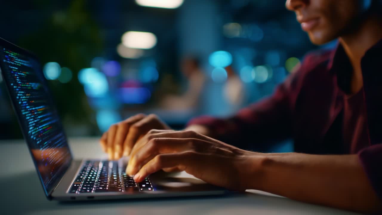 Focused Individual Coding on Laptop in Dimmly Lit Environment, Highlighting Modern Technology and Software Development with Attention to Detail
