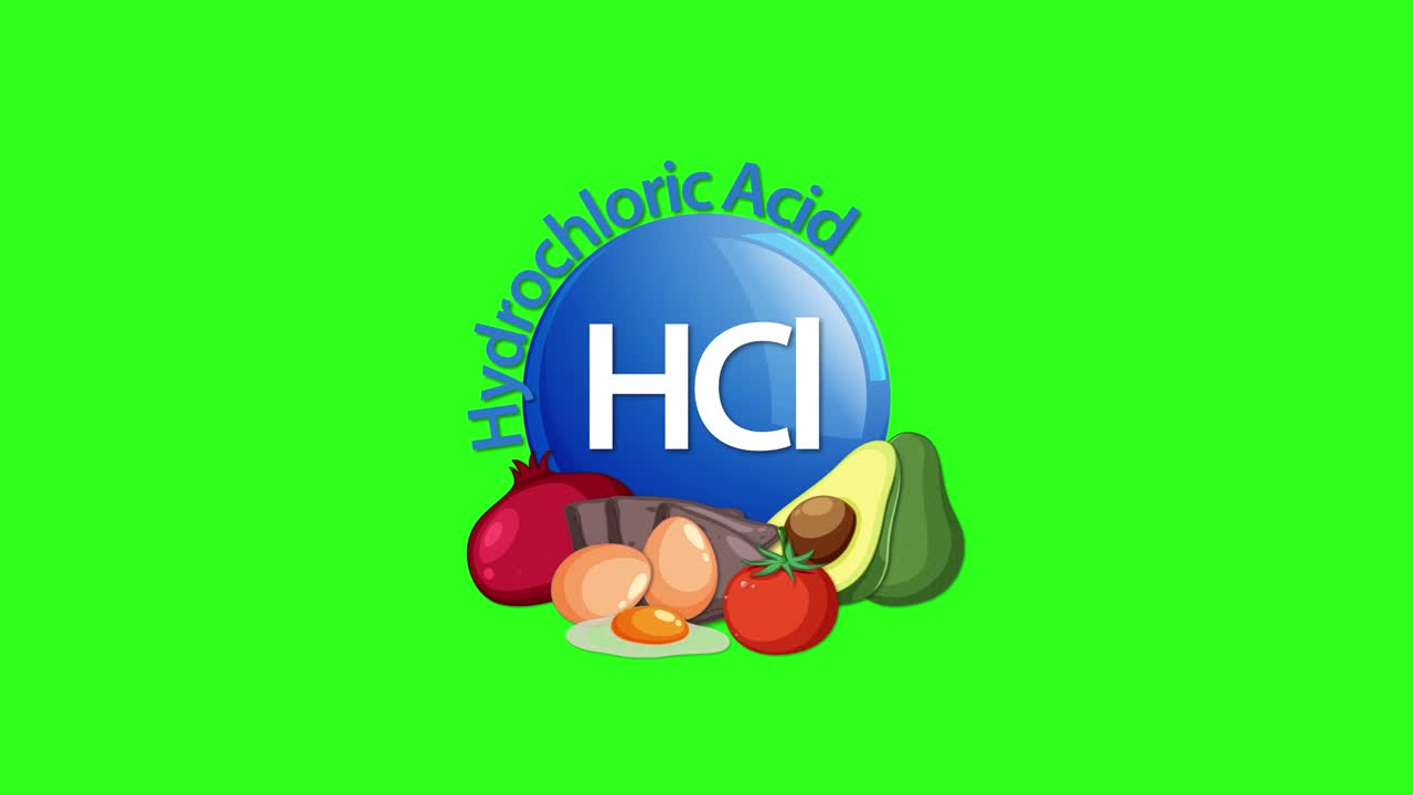 A blue hydrochloric acid (HCl) icon animates into view, joined by colorful fruit illustrations, set against a vibrant green screen background for compositing