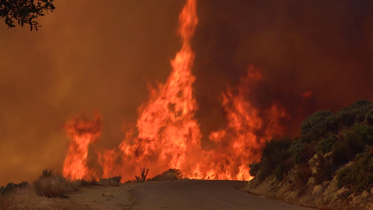 Un vasto e rapido incendio boschivo brucia vicino a una strada sulle colline della California meridionale durante il Cave Fire a Santa Barbara