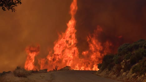 a vast and fast moving wildifre burns near a road on the hillsides of southern california during the cave fire in santa barbara