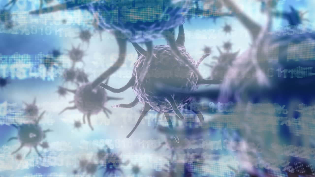 animación de células macro covid-19 flotando sobre la grabación de datos, mostrando las estadísticas.