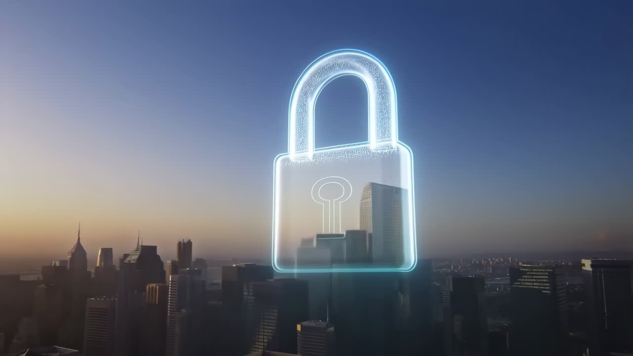 Digital Padlock Icon Hovering Over Cityscape at Sunset