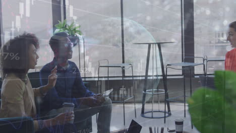animation of globe, statistics and data processing over diverse business people