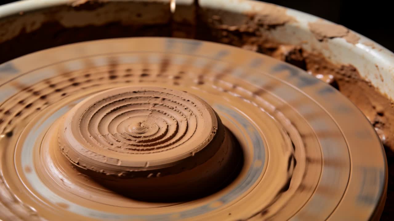 Una torta di argilla centrata che gira sul tornio da vasaio rilascia barbottina liquida sulle scanalature, con una goccia che inizia a spargersi.