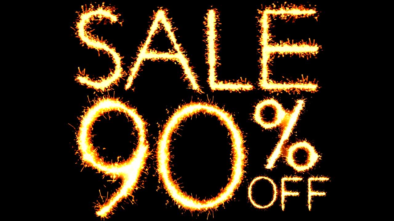 90% de descuento en texto, brillo, chispas, animación de bucle de fuegos artificiales.