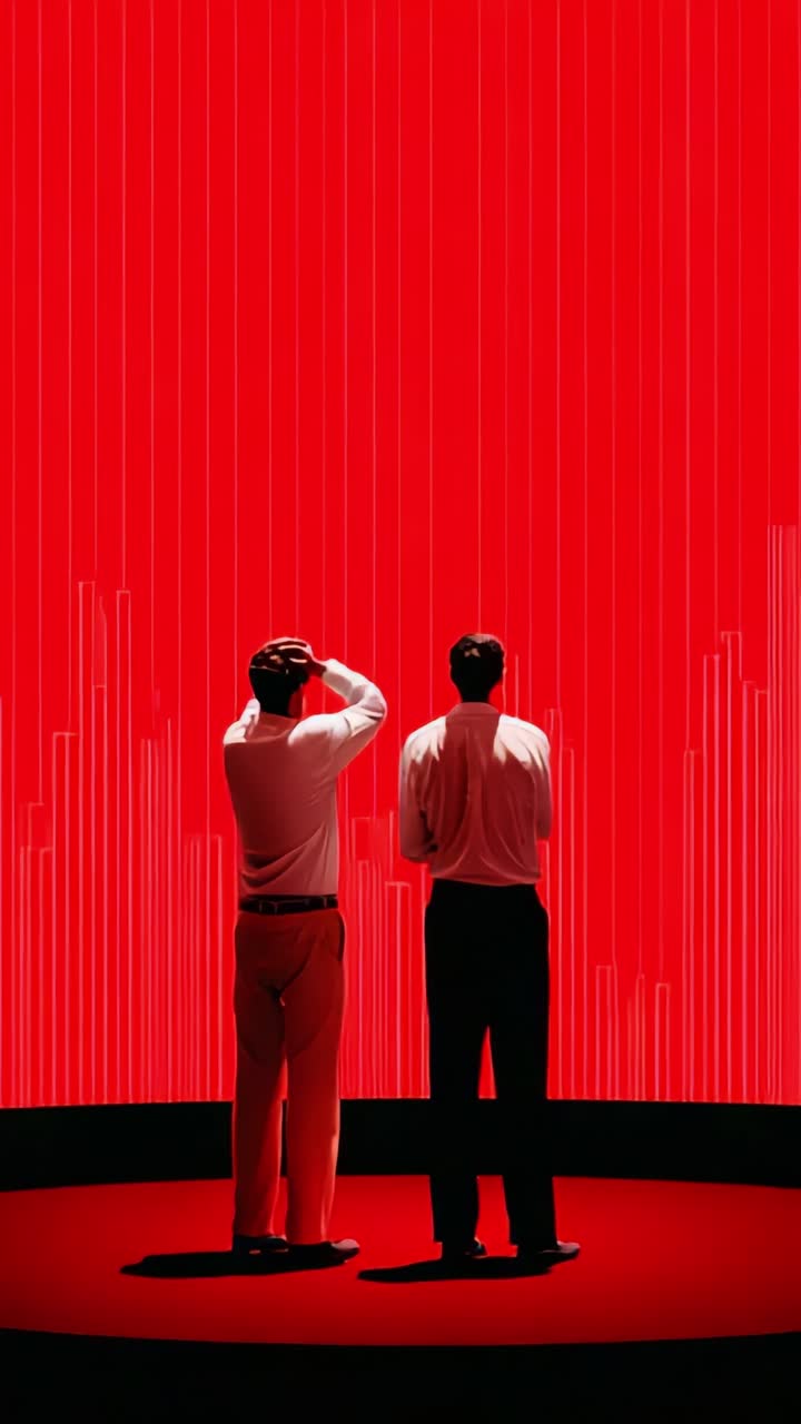 Two Individuals Observing a Striking Red Display in a Contemporary Art Installation, Engaging with Bright Visual Patterns and an Immersive Experience