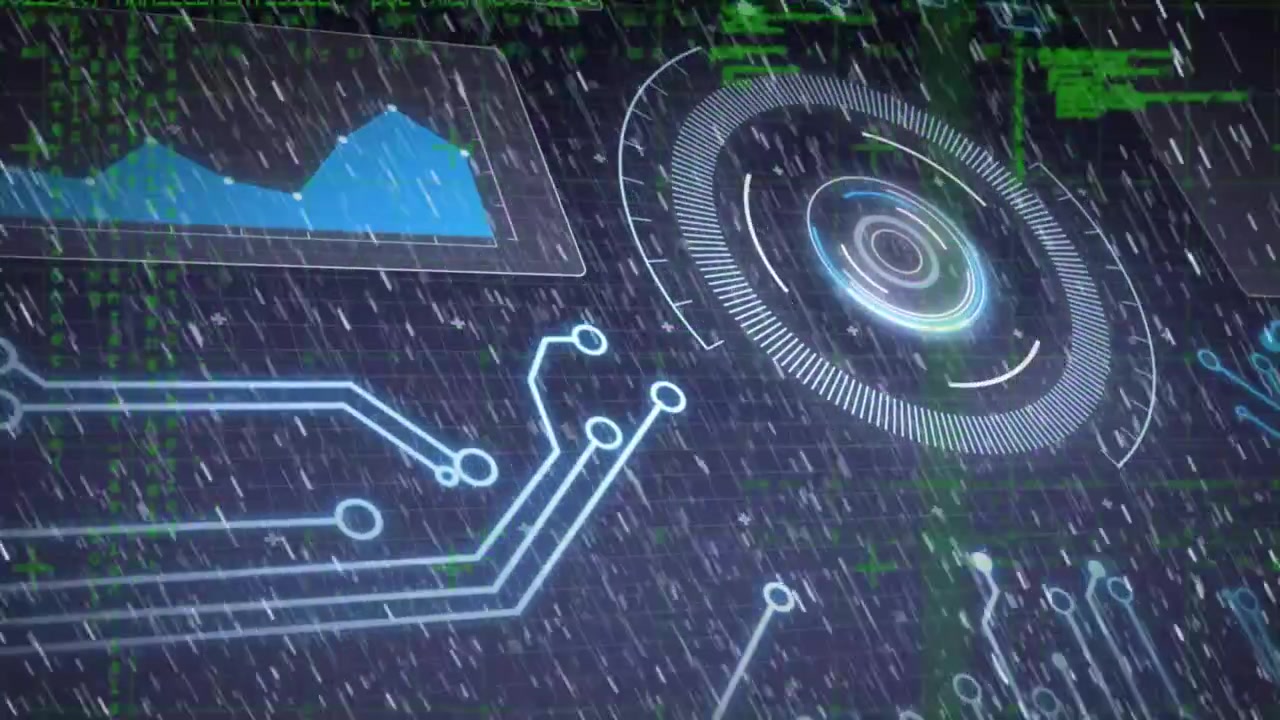Falling streaks starting hologram rotating while circuits lighting and chart settling for analytics
