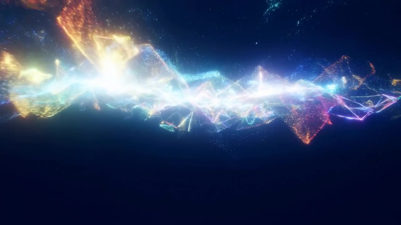 Horizontal energy ribbon stretches across deep navy backdrop with intense white blue core, drifting particles, rising filaments, and multicolored peaks that create vivid abstract motion