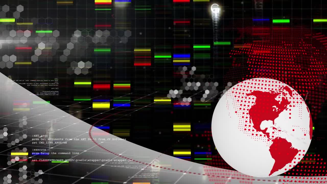 추상적인 배경에 디지털 회전 지구, 육각형 모양 및 프로그래밍 코드의 애니메이션