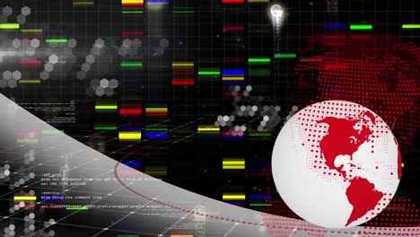 animación de globo giratorio digital, formas hexagonales y código de programación en un fondo abstracto