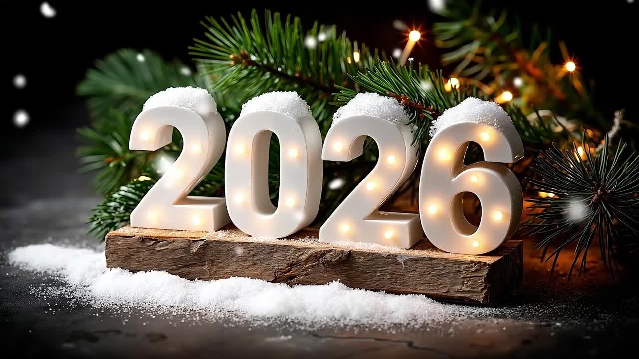 Numeri festivi di Natale 2026 con decorazioni di neve e pino