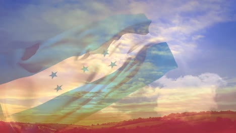 animation of waving flag of nederland over cloudy sky and landscape