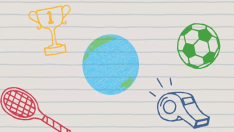 animation of sports concept icons and globe against white lined paper background