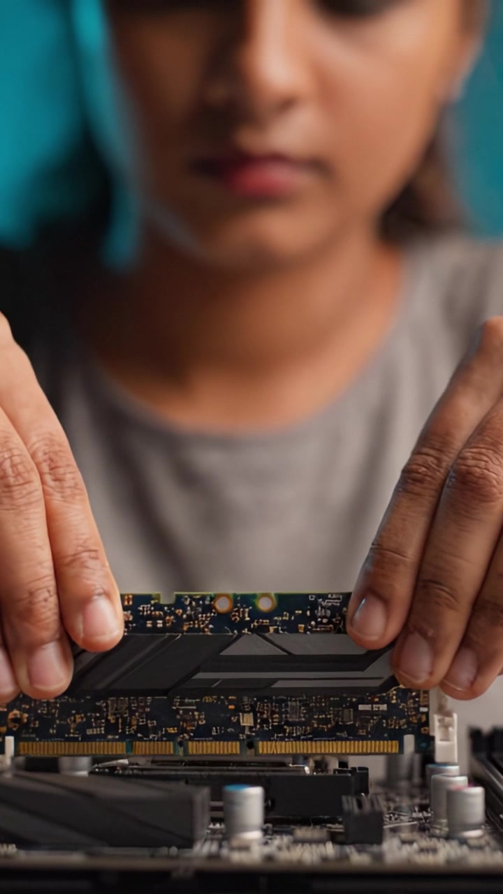 A person installing RAM on a computer motherboard, showcasing intricate components and attention to detail in hardware assembly and repair tasks.