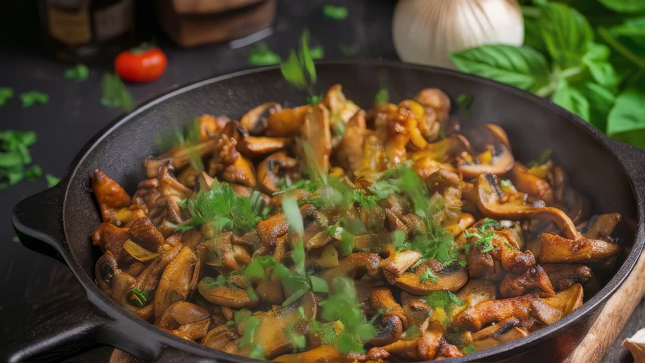 Steaming hot fried mixed mushrooms, infused with fresh parsley and garlic, sizzling in a cast iron pan, offering a delightful and aromatic culinary experience perfect for any meal