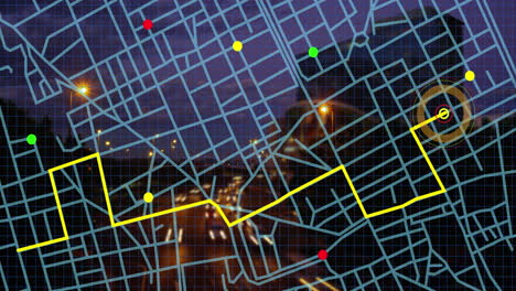 esquema de la línea de navegación del mapa frente a la vista aérea del tráfico nocturno de la ciudad