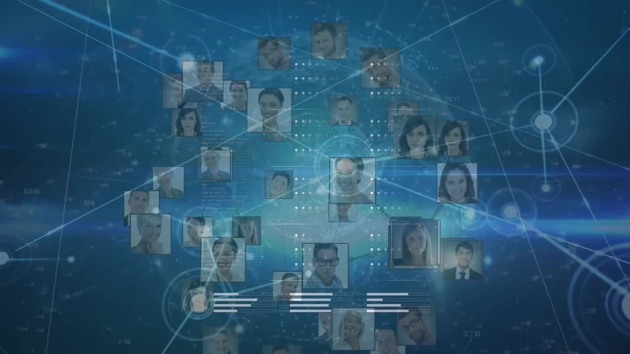 Animation of network of connections over globe of business profile icons against blue background