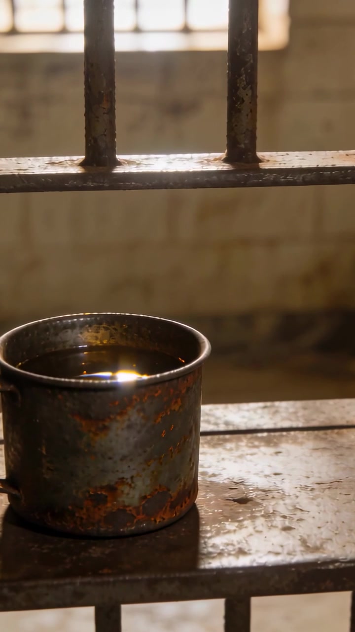Vertical video: Shifting window sunlight casting glint across rusted cup on shelf behind bars