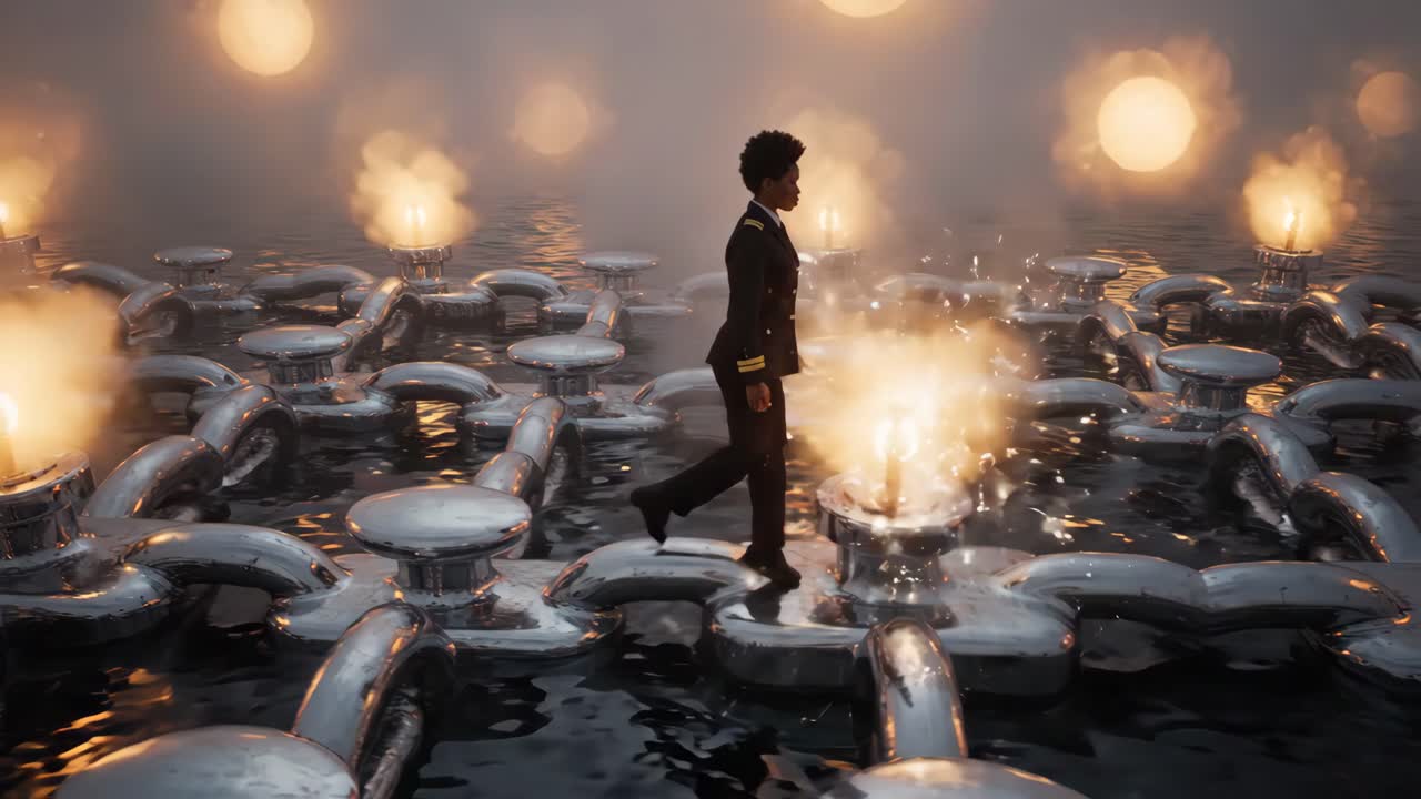 Woman in Uniform Walks on Chains Across Water with Glowing Lights