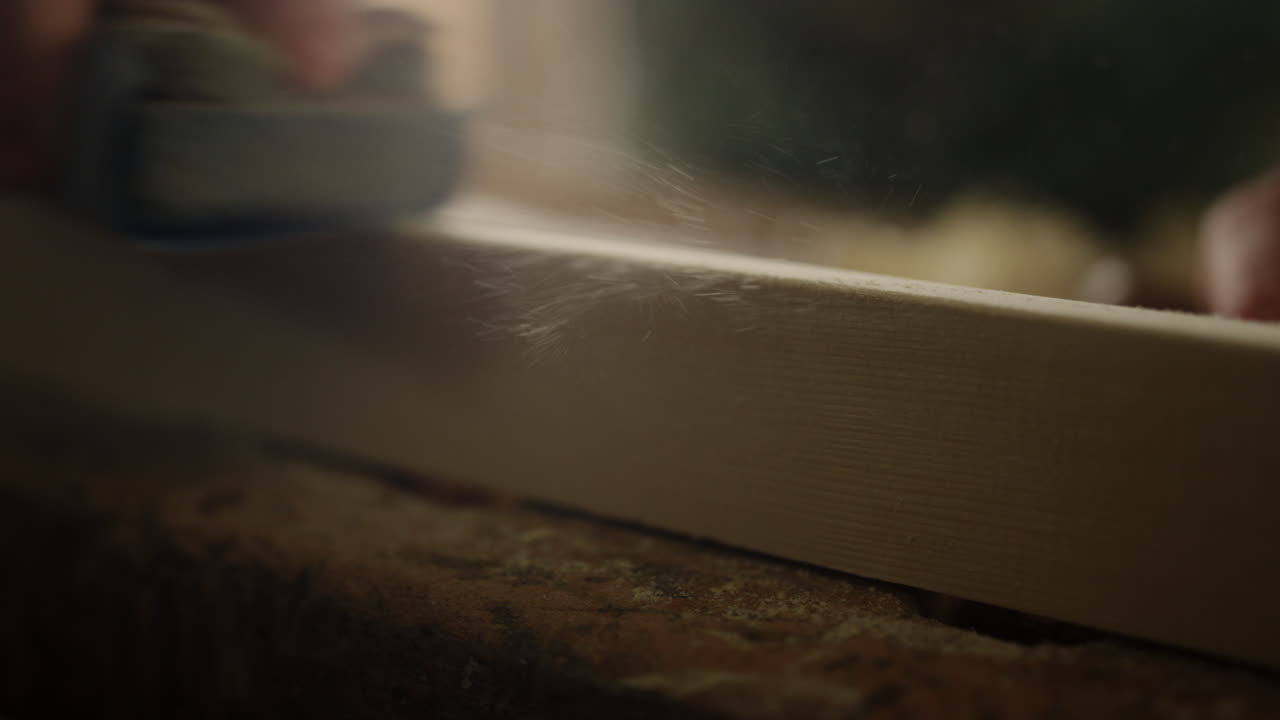 hombre no reconocido comprobando tabla de madera en el interior. tipo usando papel de lija en carpintería