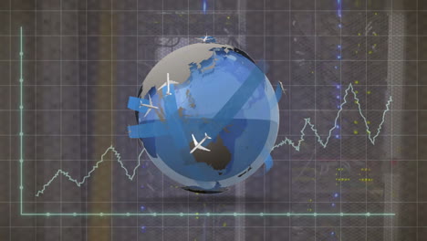 animación del procesamiento de datos financieros en todo el mundo con aviones