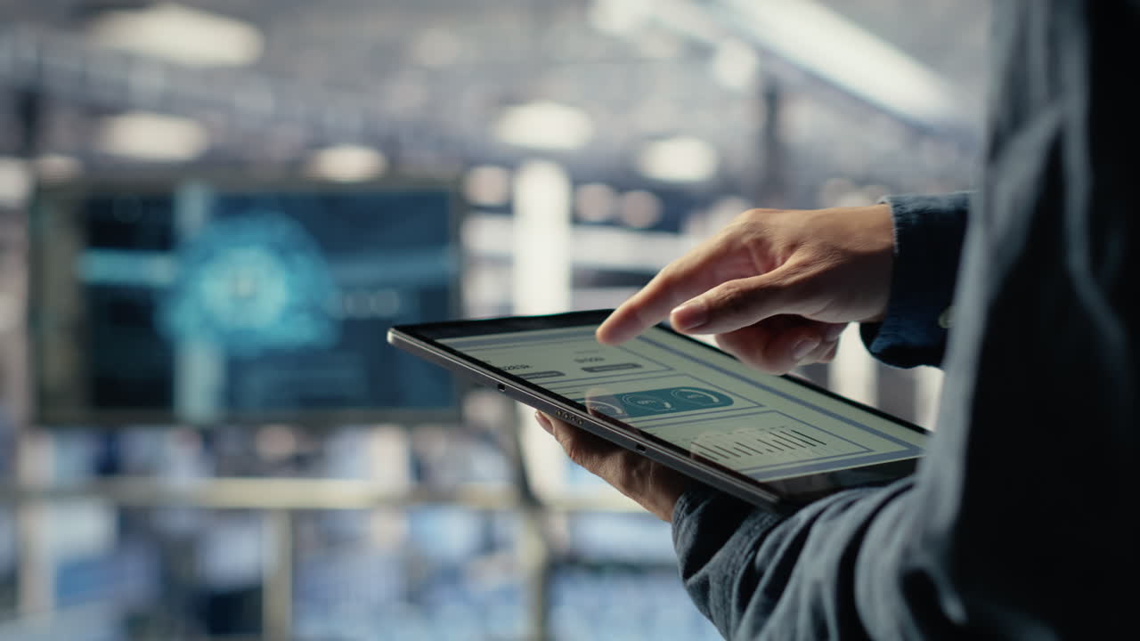 Server Room Employee Checks Data Charts On Tablet In Server Room