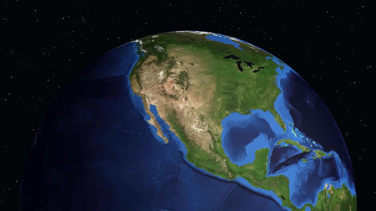 Digital animation zooms from deep space into North America, pinpointing Riverside, California on Earth